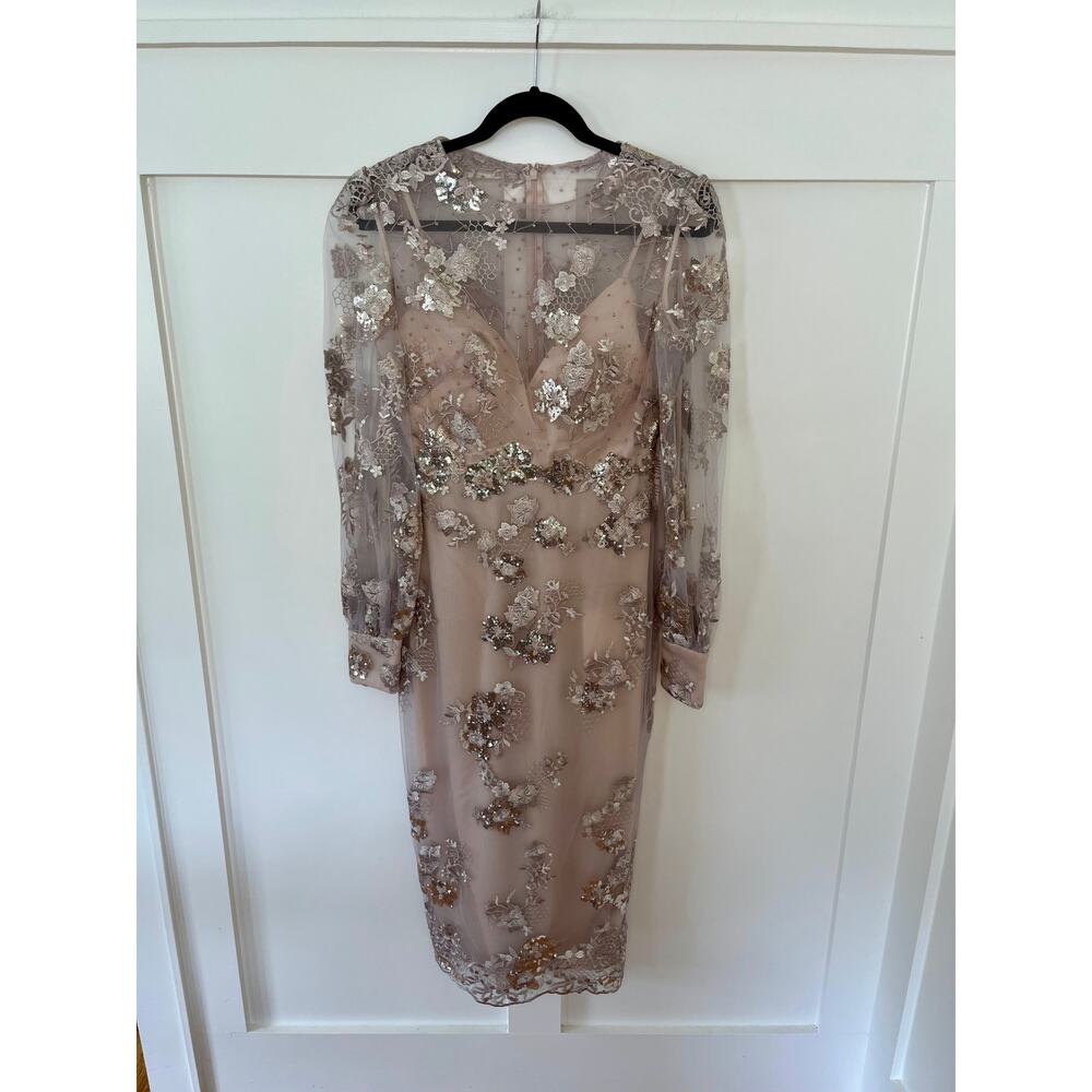 NEW NWT Mac Duggal 70237 Beige Embellished Long Sleeve Midi Dress Mocha Size 4 - Picture 2 of 6